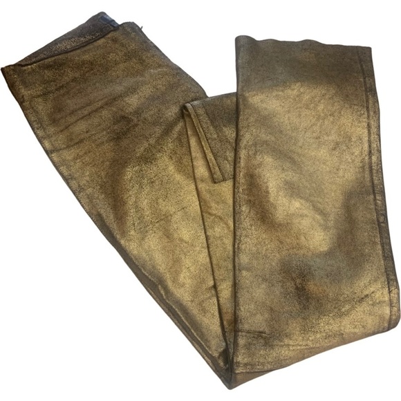 BCBGMaxazaria Gold Bronze Zip Front Genuine Leather Straight Leg Pants - Picture 7 of 14